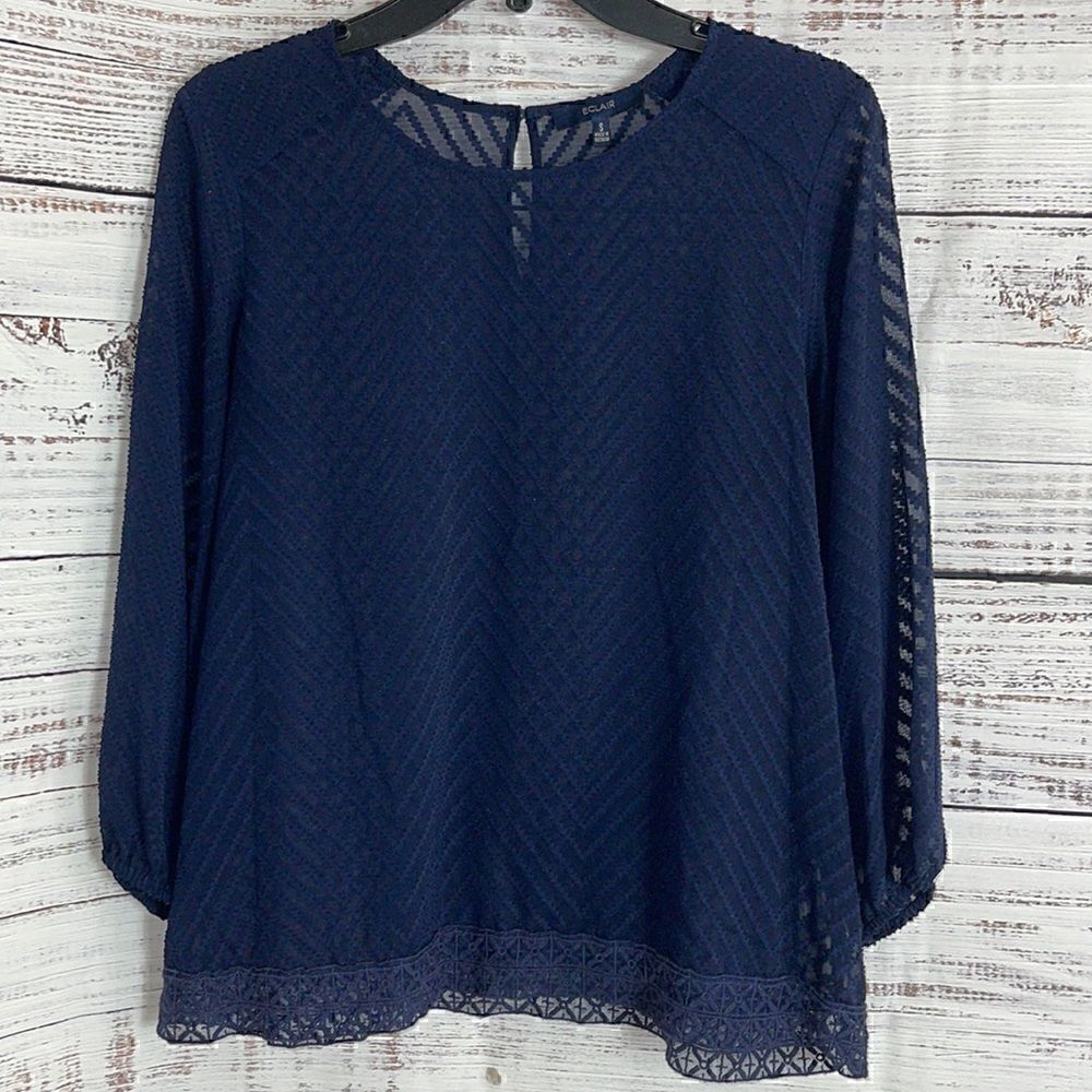 Eclair Top Womens‎ size Small chiffon sheer lace embroidered light Navy Blue